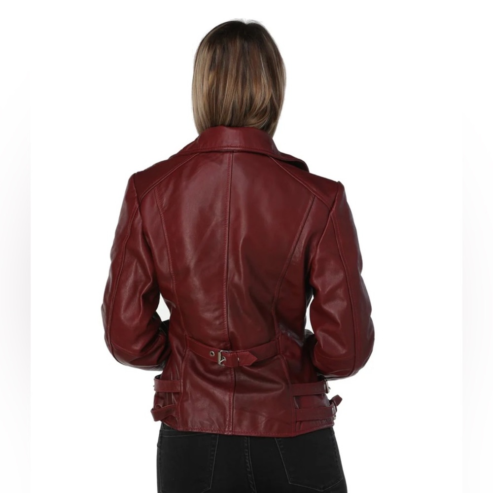 NWT [Leather Skin] Burgundy Maroon Asymmetrical Zip Leather Jacket Women’s XS - Picture 4 of 12